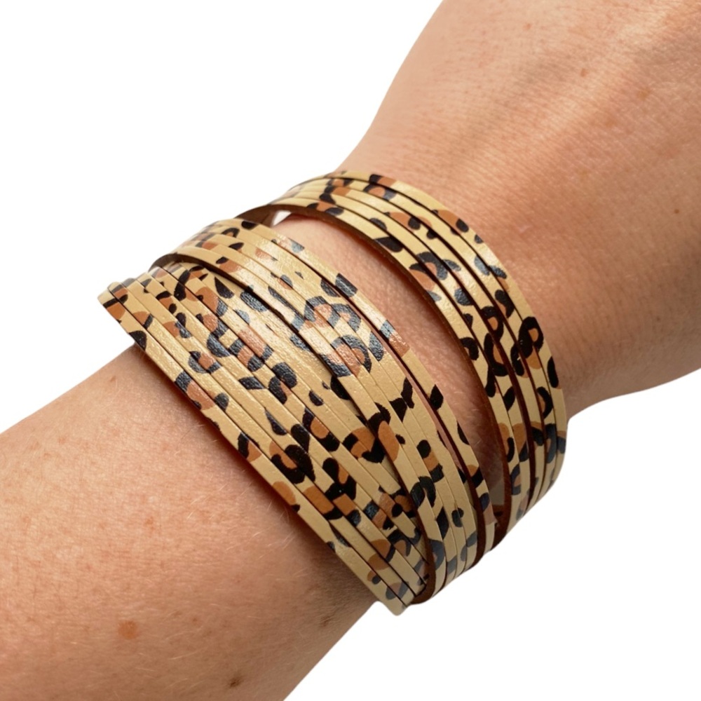Leather Leopard Bracelet Brown Animal Print Strappy Cuff Cheetah Boutique NEW OS